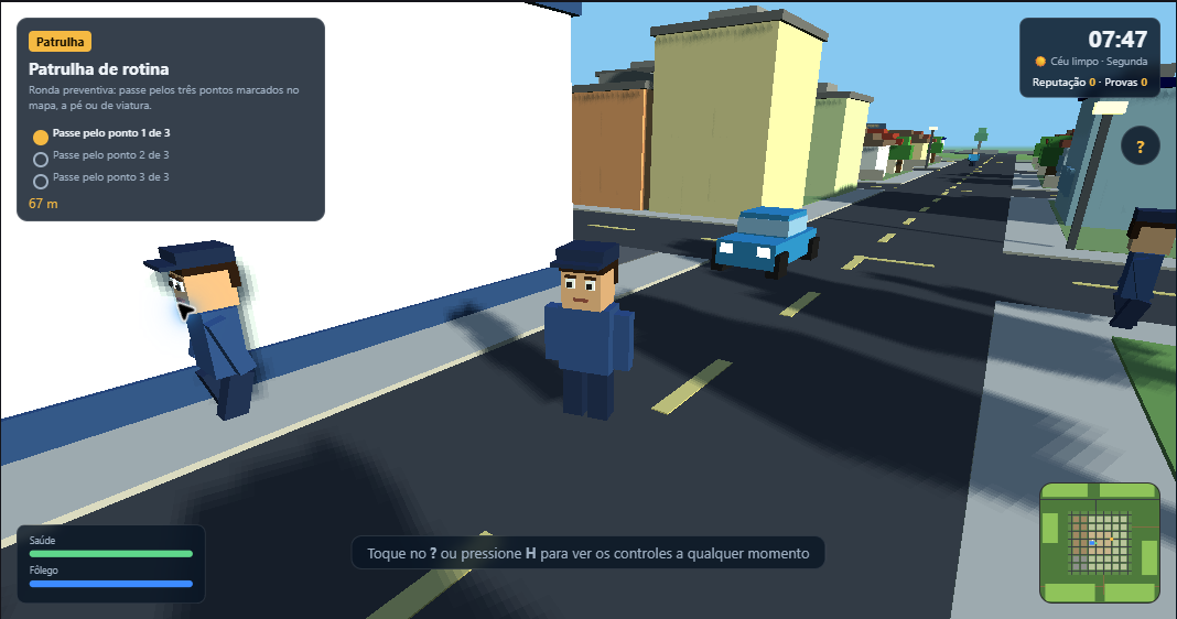 Cena real do game Tupã Patrulha, com personagens, viatura, missão e mapa da cidade